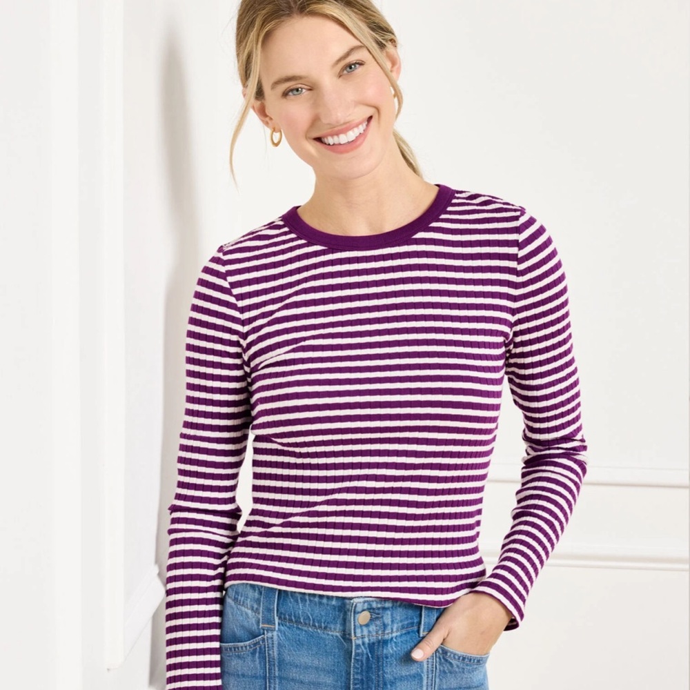 Talbots Jasmine Striped ribbed crew neck tee NWT MULBERRY WINE/IVORY